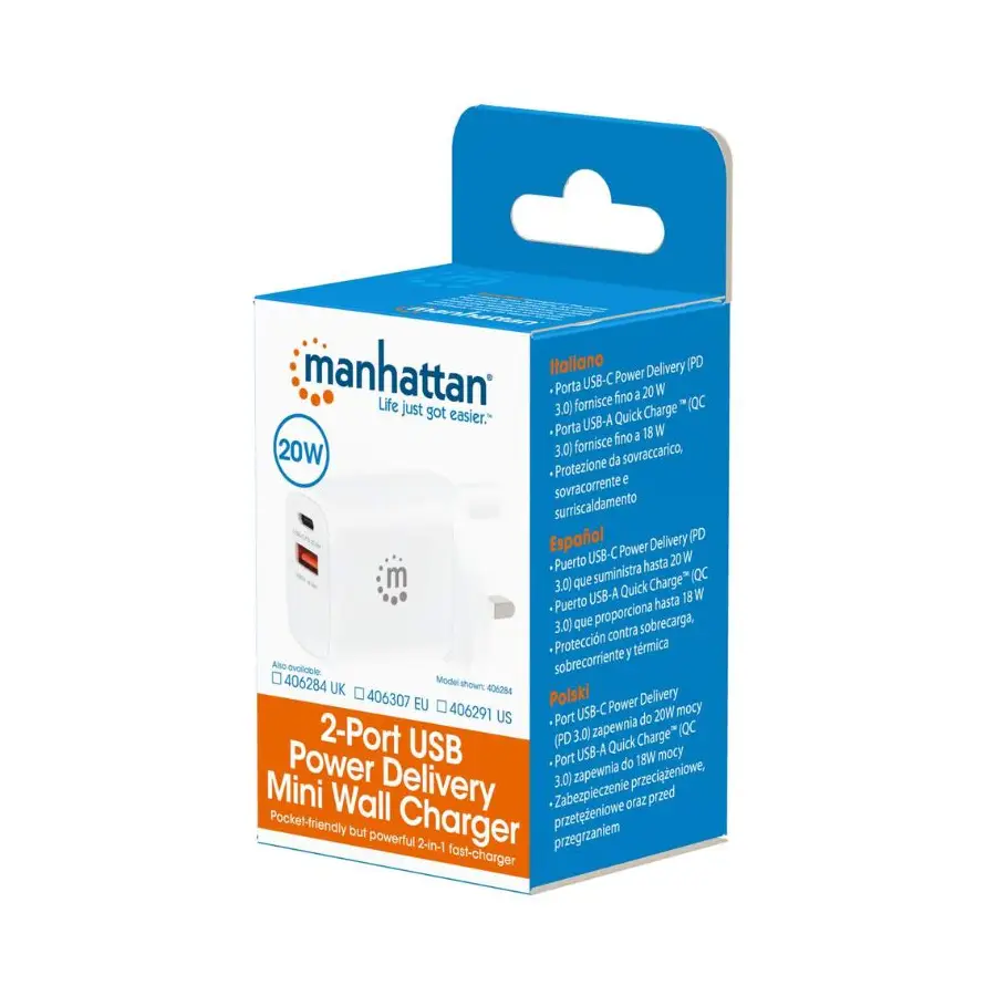CARGADOR DE PARED USB C PD 20W+USB A QC 18W MANHATTAN 406291