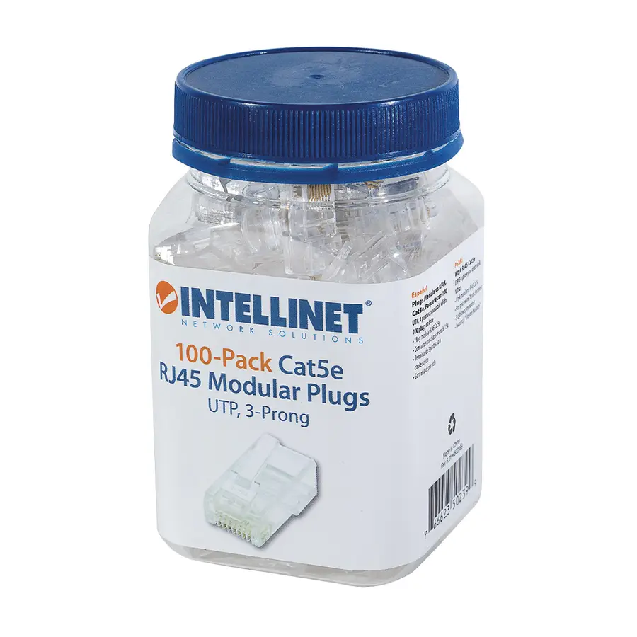 PLUG RJ45 CAT5E SOLIDO UTP BOTE 100PZAS ORO15-MICRAS INTELLINET 502399