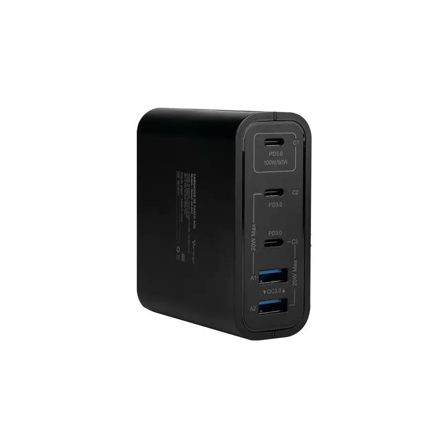 CARGADOR DE PARED VORAGO TIPO C/100W/5 PTOS/QUICK CHARGE 3.0 NEGRO (AU-600)