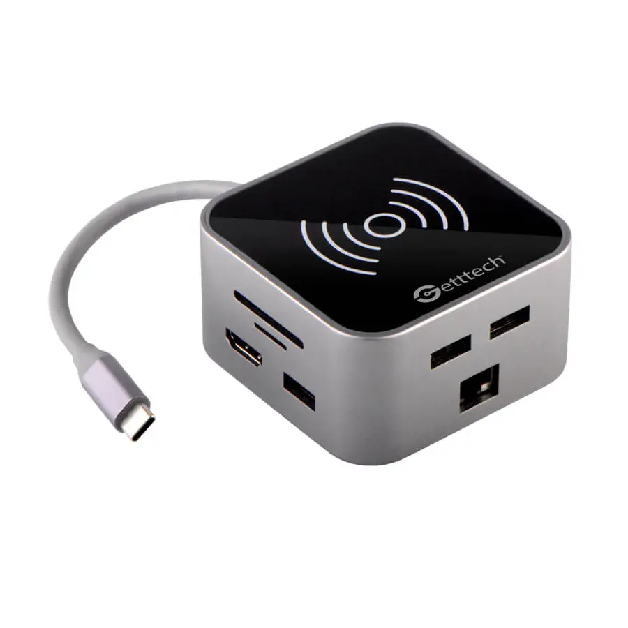 DOCKING STATION GETTTECH ADAPTADOR GHW-69401 RJ45/PD/TF SD/RJ45/USB/HDMI/THUNDERBOLT/CARGADOR INALAMBRICO USB