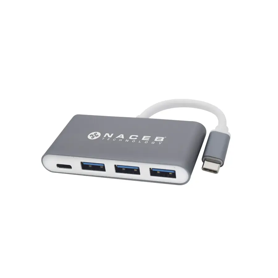 HUB NACEB USB C MACHO 3X USB A HEMBRA 1X USB C HEMBRA PLATA