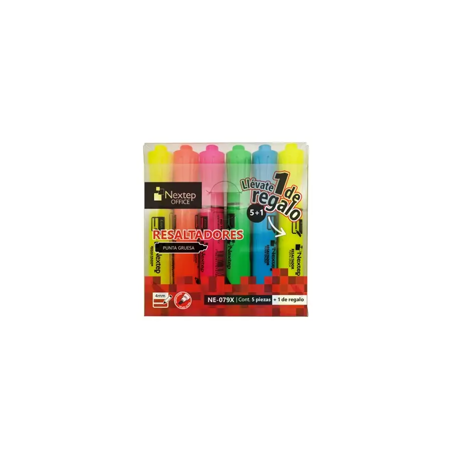 JUEGO DE MARCADORES RESALTADORES NEXTEP 5 COLORES, PUNTA CINCEL 4MM NE-079X