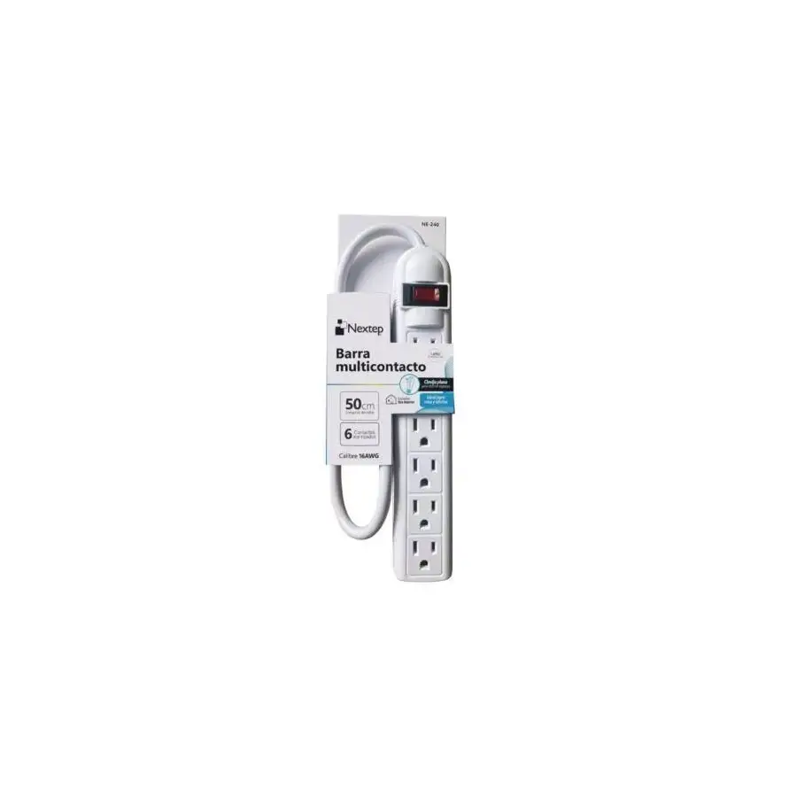 MULTICONTACTO NEXTEP EN BARRA , 6 CONTACTOS ATERRIZADOS, SUPRESOR 490J, CABLE 50CM LONGITUD, 16AWG, NE-240