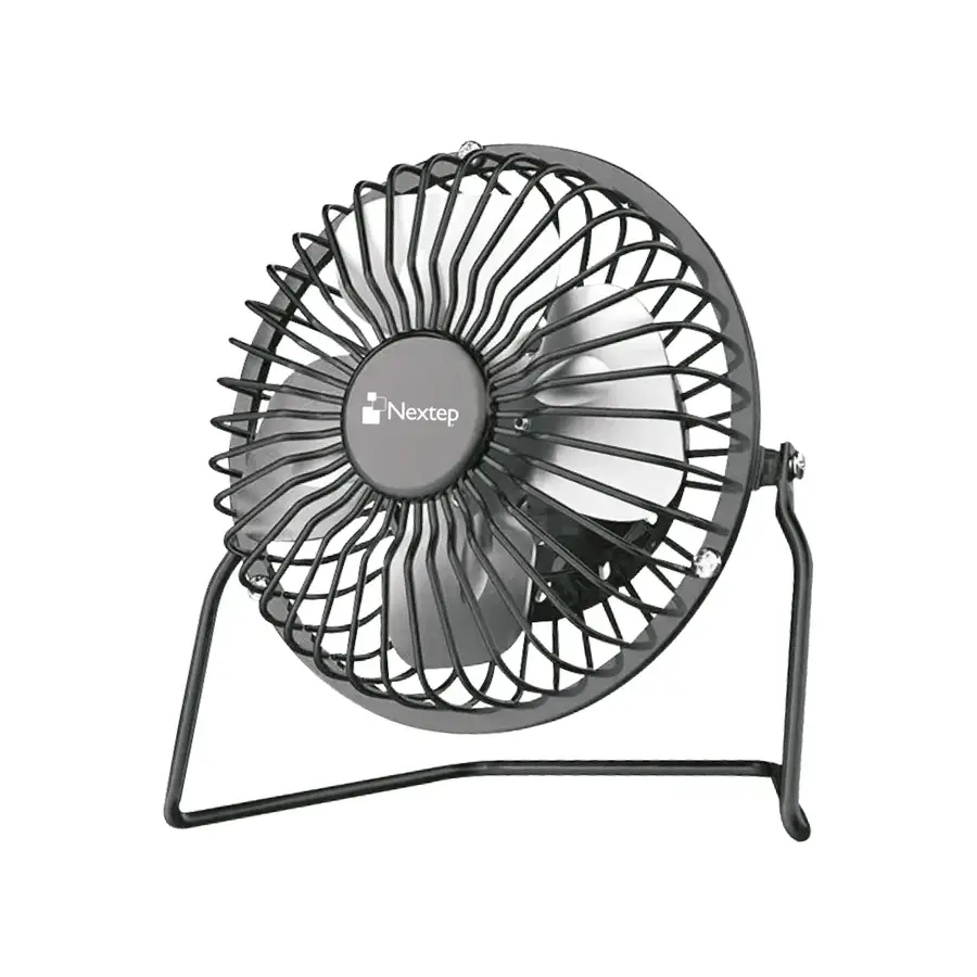 VENTILADOR MINI DE ESCRITORIO NEXTEP METÁLICO CON CONEXIÓN USB, 4 ASPAS DE ALUMINIO COLOR NEGRO NE-690