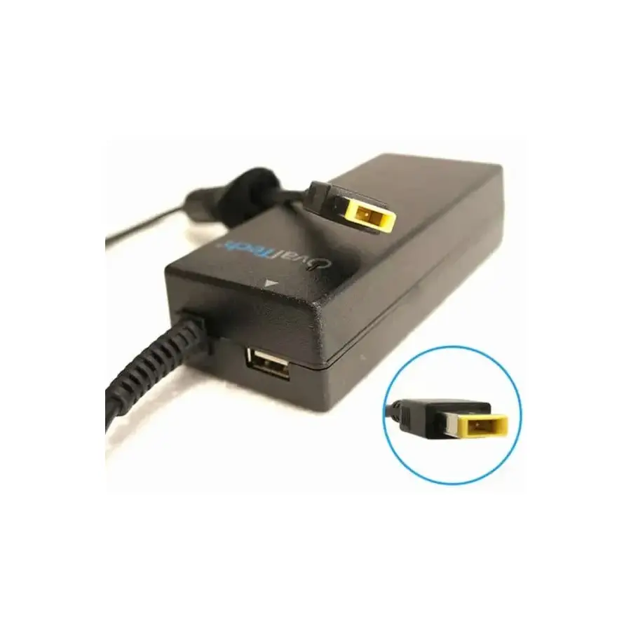 CARGADOR PARA LAPTOP OVALTECH OTAC E77 PUNTA RECTANGULAR AMARILLA 1 PUERTO USB 2.0 SALIDA DE 5V 2.1A NEGRO