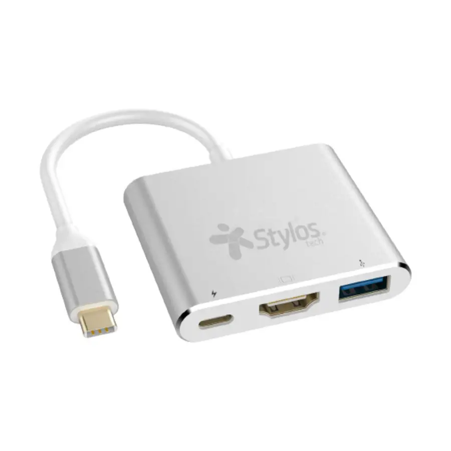 HUB MULTIPUERTO STYLOS 3 EN 1 HDMI 4K, USB 3.0, USB C, GRIS STCBHUB31S