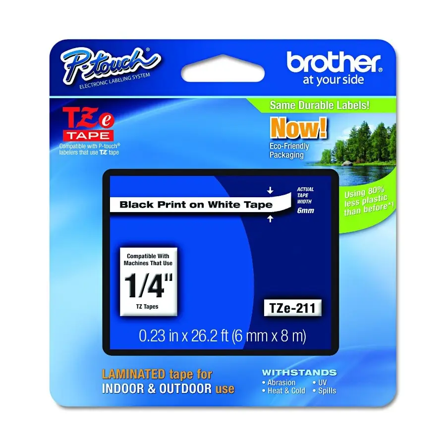 CINTA BROTHER LAMINADA NEGRO SOBRE BLANCO 6MM X 8M TZE211