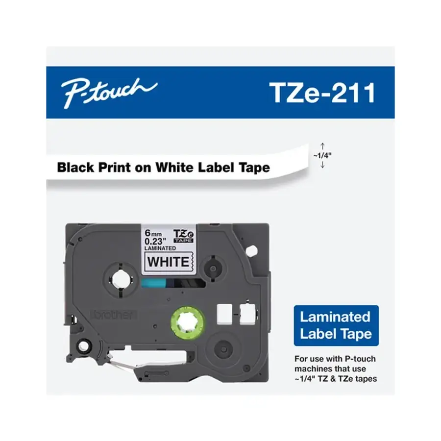 CINTA BROTHER TZ211G LAMINADA NEGRO SOBRE BLANCO 6MMX8M PT1400/9500C/1