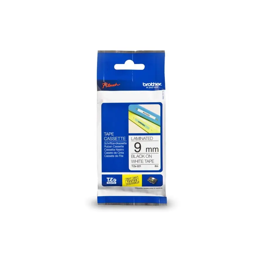 CINTA BROTHER LAMINADA NEGRO SOBRE BLANCO 9MM X 8M TZE221
