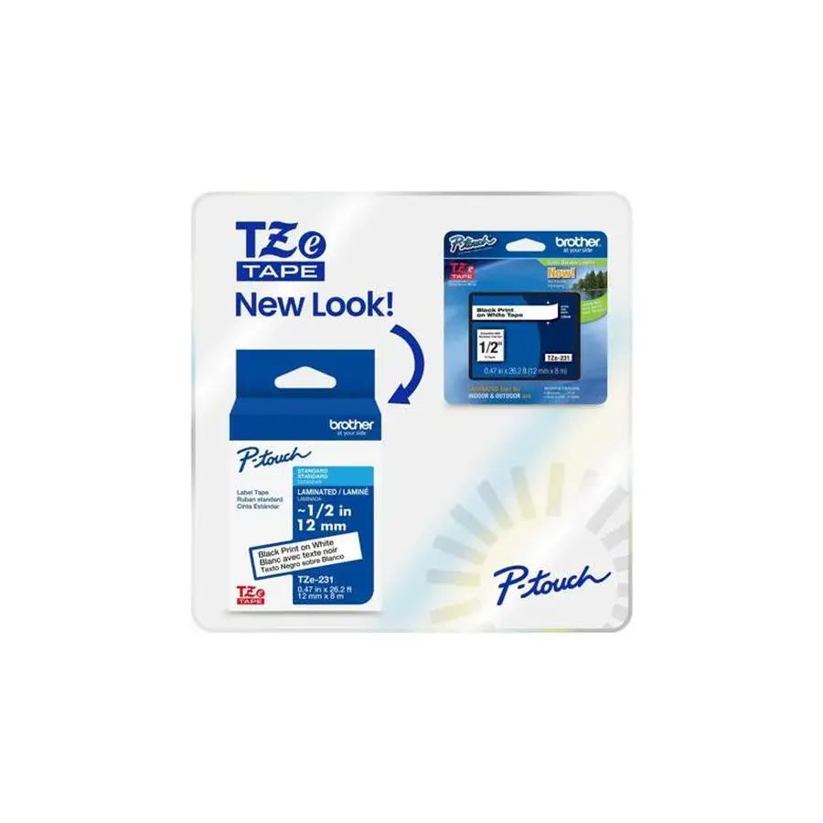 CINTA BROTHER TZE231G LAMINADA ESTÁNDAR TEXTO NEGRO SOBRE CINTA BLANCA