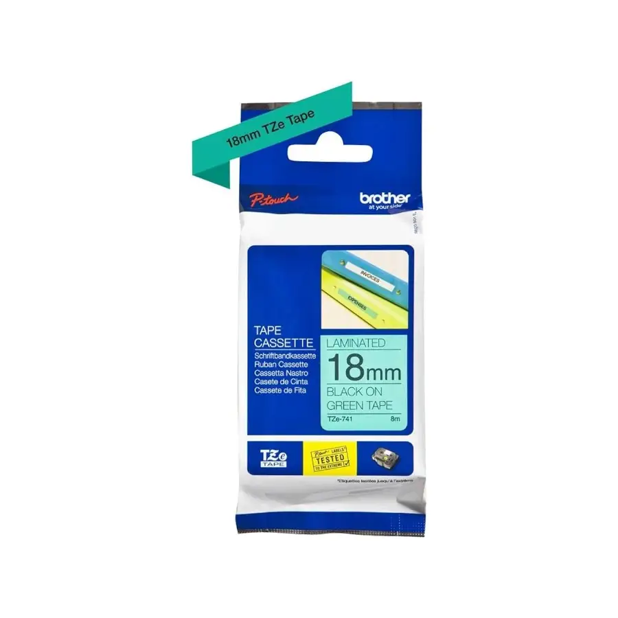 CINTA BROTHER LAMINADA NEGRO EN VERDE 18MMX8M TZE741