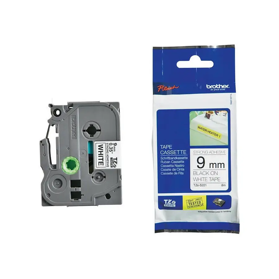 CINTA BROTHER LAMINADA ADHESIVA NEGRO SOBRE BLANCO 9MMX8M TZES221